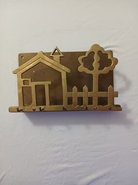 Vintage Brass House and Tree Letter Holder and Keychain Hook